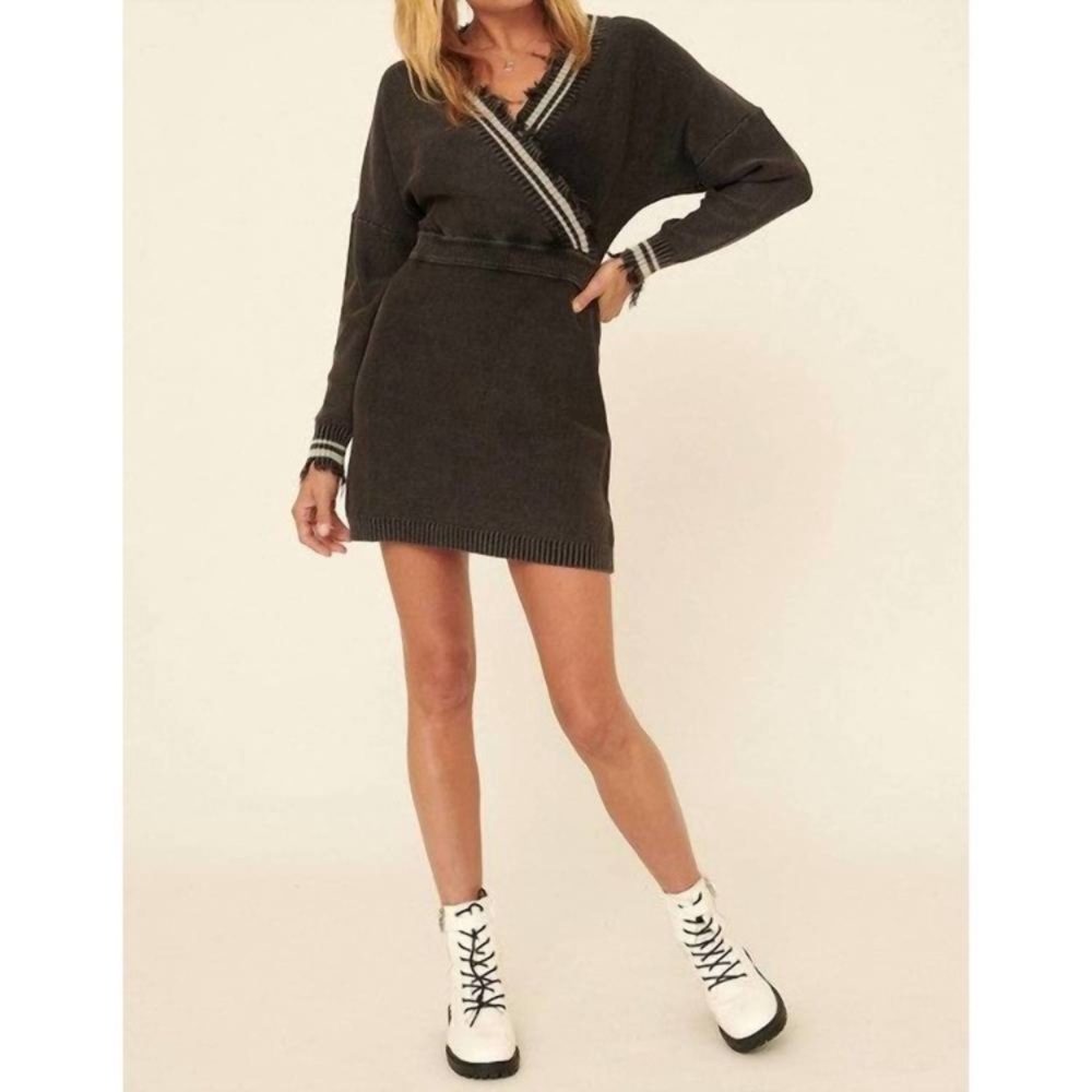 NEW PROMESA mini dress LUCY knit distressed in charcoal gray boutique varsity
